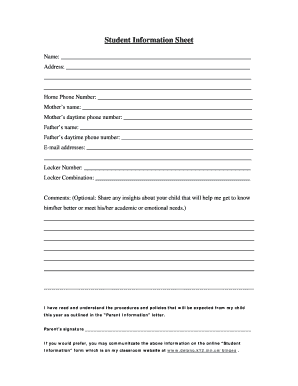 Student Information Sheet High School