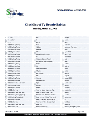 Checklist of Ty Beanie Babies Hitpages  Form
