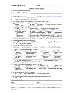 Fabric Detail Sheet for Customs  Form