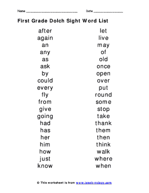 Dolch Sight Words 1st Grade  Form