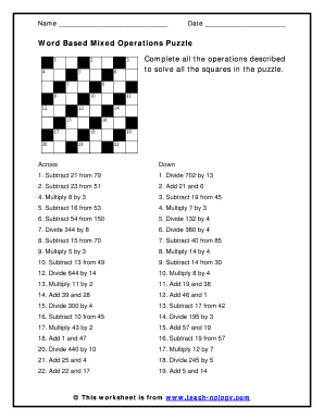 Mixed Word Based Operations Crossnumber Puzzle Basic Math  Form