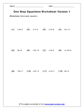 1 Step Algebra Equations Worksheet PDF  Form