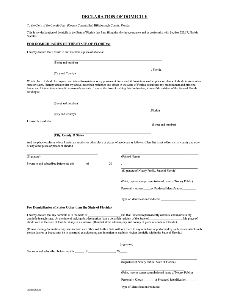 Declaration of Domicile Hillsborough County  Form