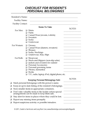 Printable Patient Belongings Form