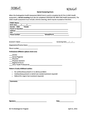 Nc Pre K Dental Screening Form