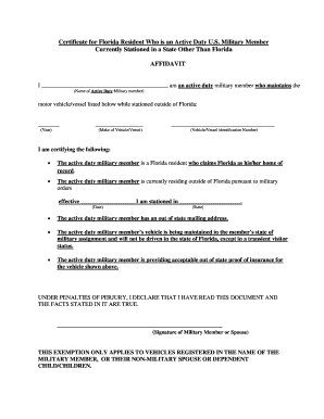 Certificate for Florida Resident Who is an Active Duty U S  Form