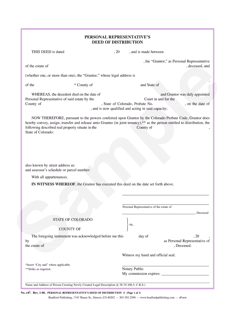 Personal Representative&#039;s Deed of Distribution Colorado Probate  Form