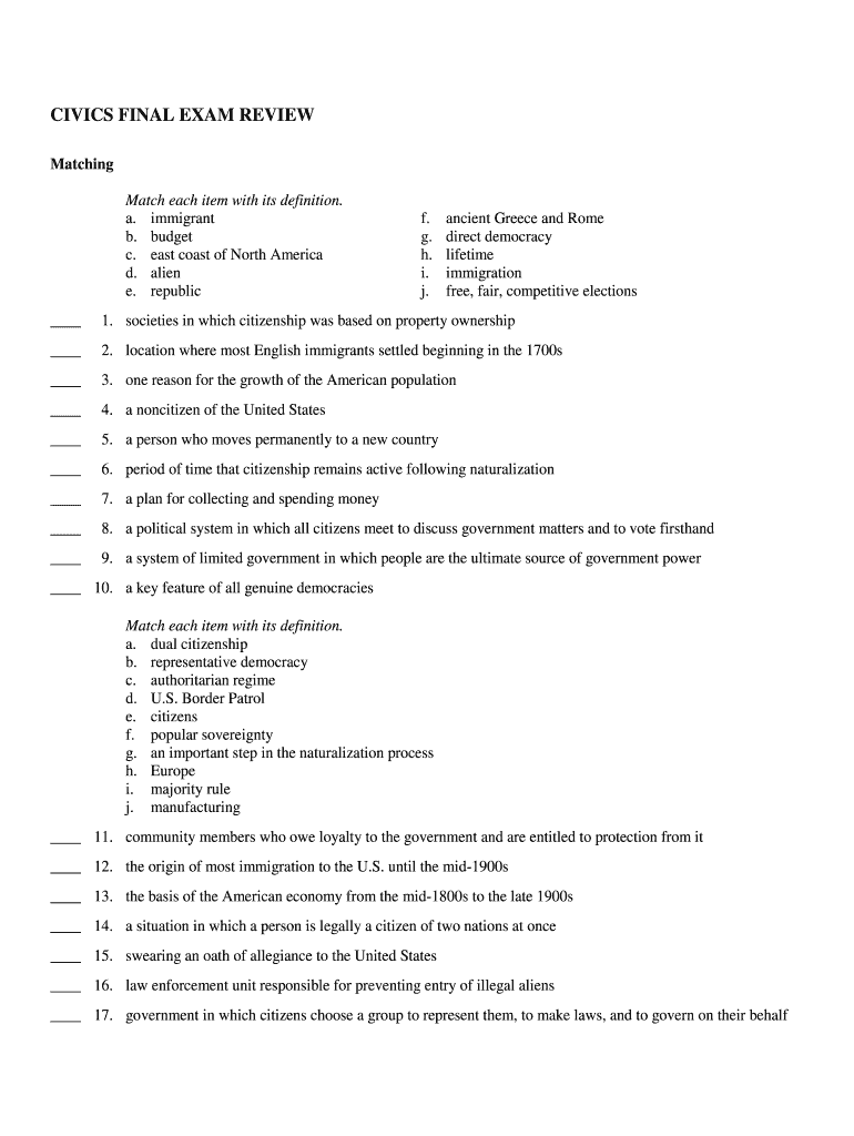 Civics Final Exam Review  Cabarrus County Schools  Form