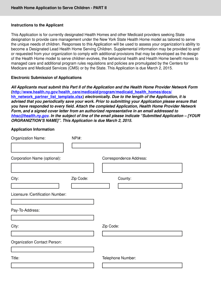 Health Home Application to Serve Children New York State  Form