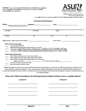 Arkansas State University Newport Transcript Request  Form