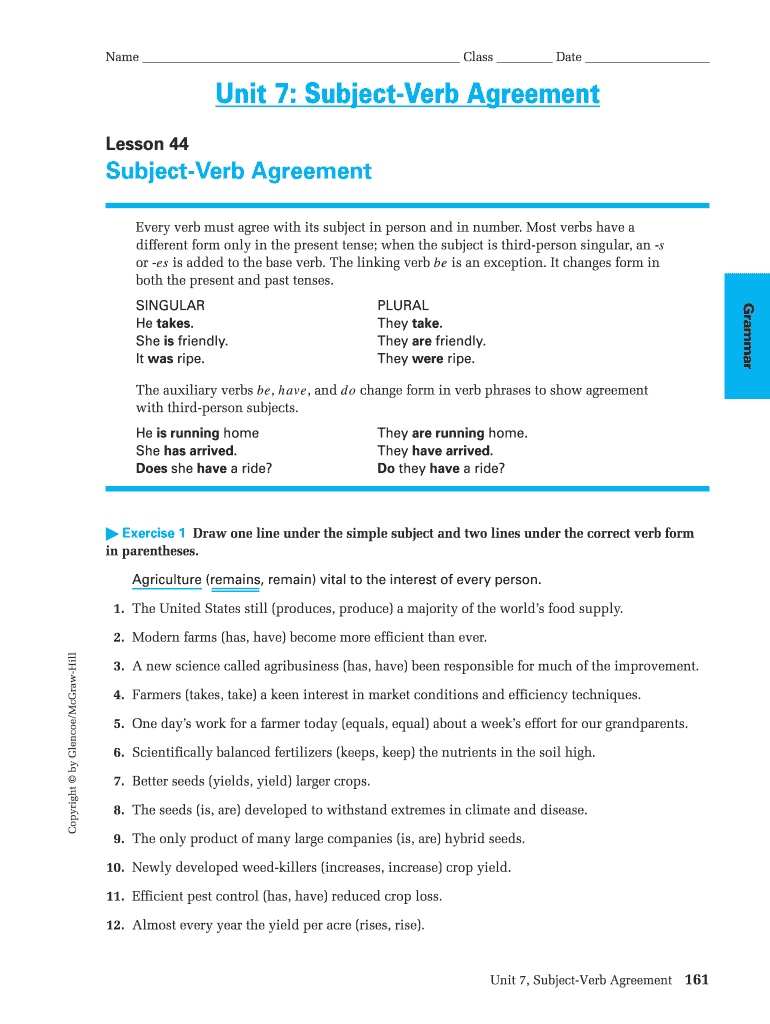 Unit 7 Subject Verb Agreement Answer Key  Form