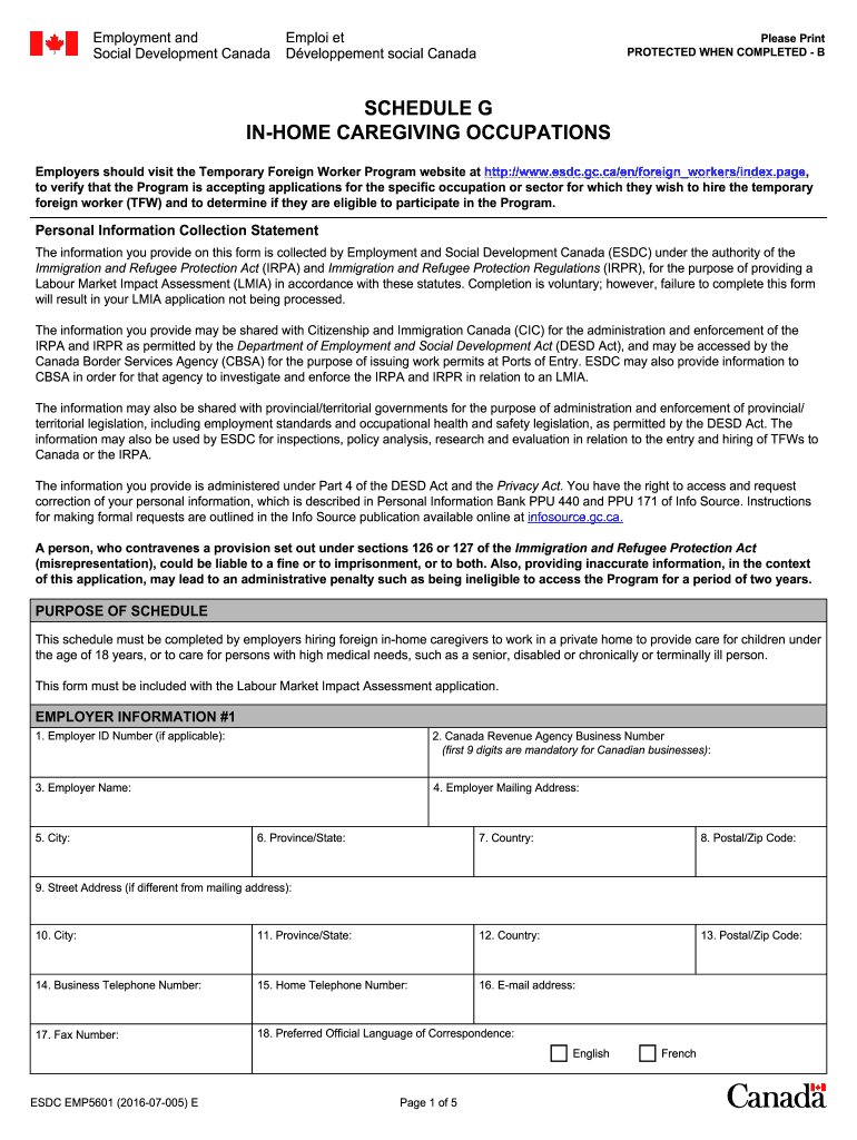 SCHEDULE G in HOME CAREGIVING OCCUPATIONS Servicecanada Gc  Form