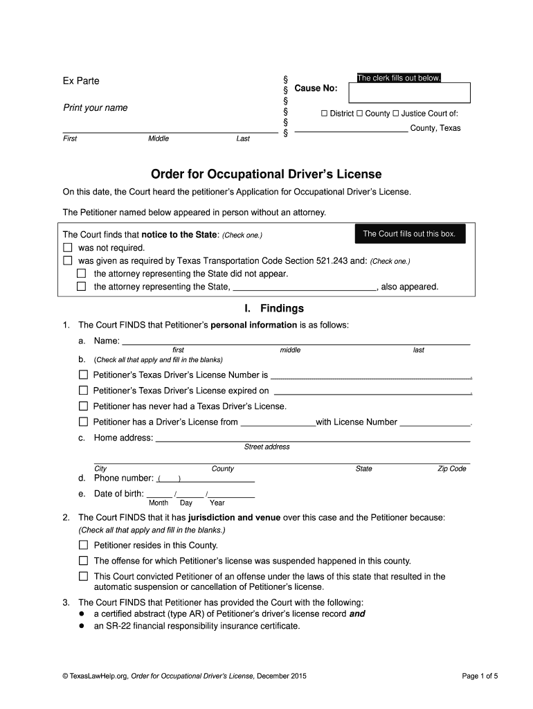 Occupational Driver's License Order  Texas Legal Forms  Texaslawhelp