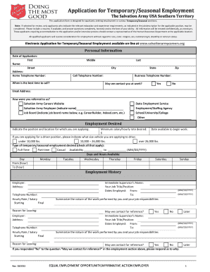 Fillable Online Salvationarmytennessee Application for Temporary Seasonal Employement  Form