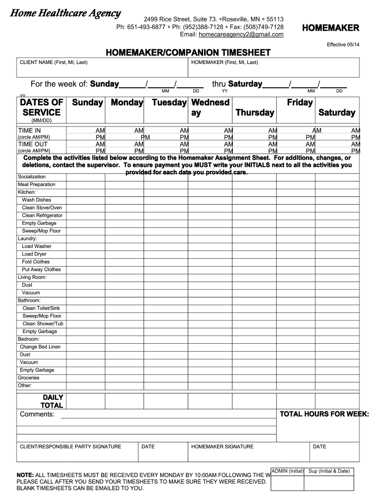  Homemaker Timecard Home Healthcare Agency 2014-2024