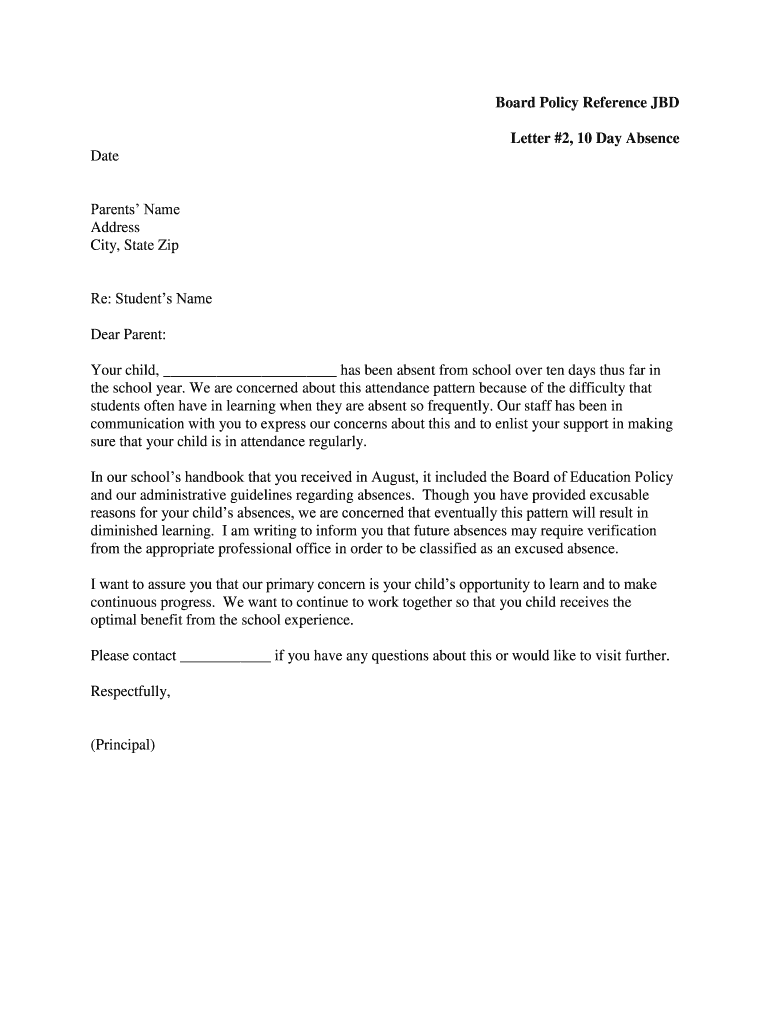 School Truancy Letter to Parents  Form