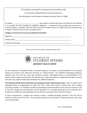 University of Maryland Excused Absence Form
