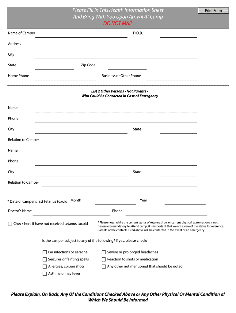 Brookhill Ranch Camp Health Form