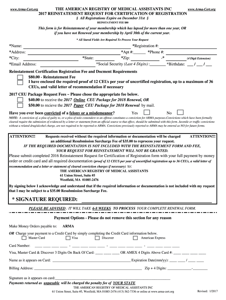  Signature Required the American Registry of Medical Assistants Arma Cert 2017