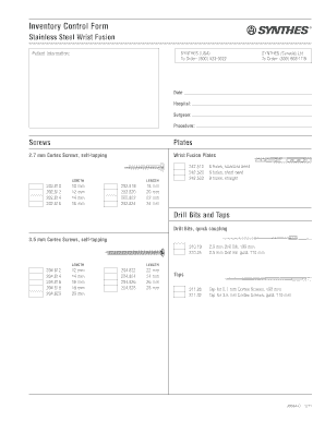 Synthes Wrist Fusion Inventory Control Form