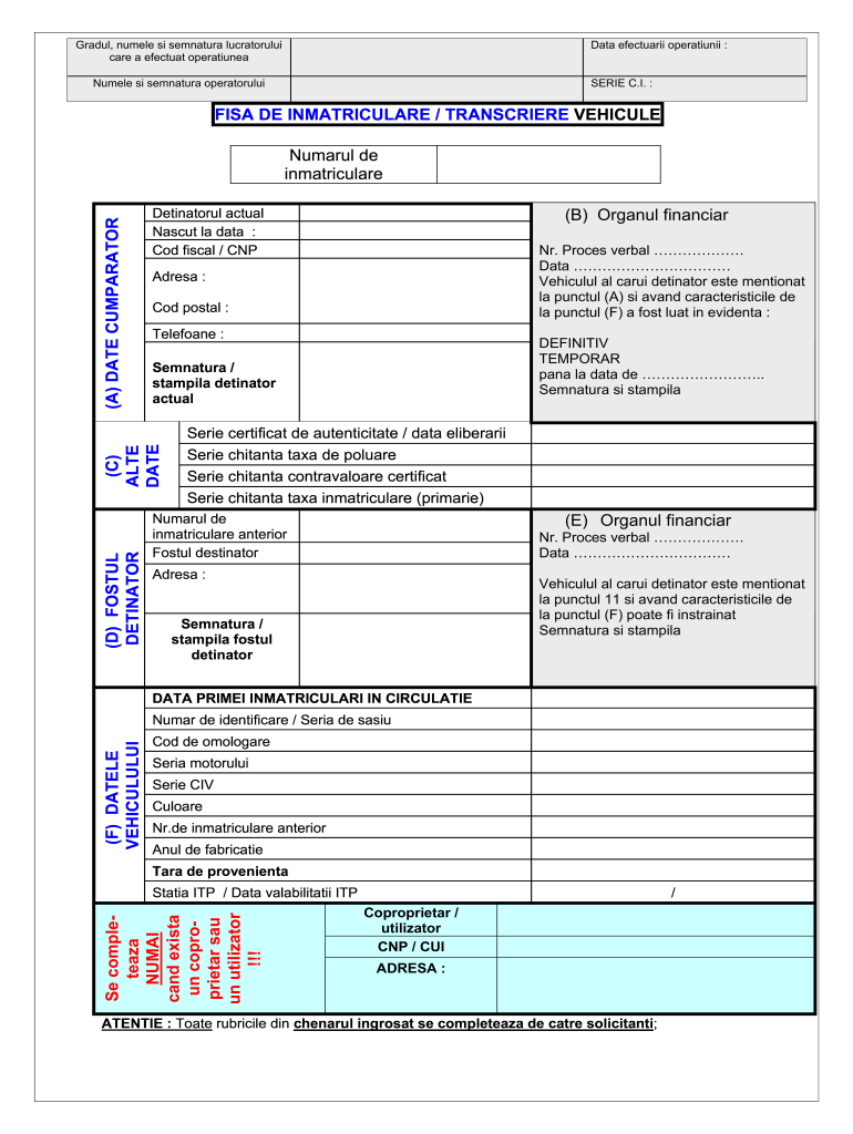 Fisa Inmatriculare Auto PDF  Form