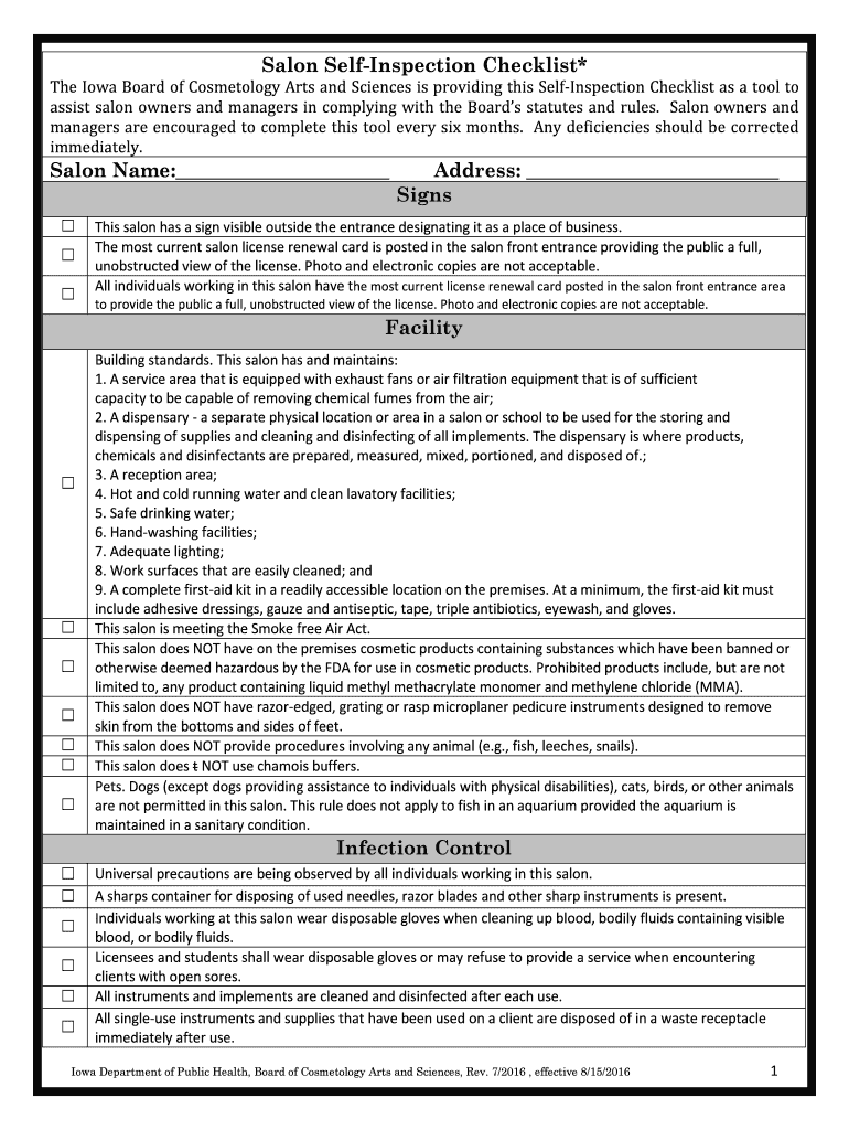 Salon Inspection Checklist Tennessee  Form