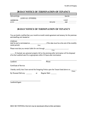 VA RTG 30 No Cause Notice Month to Month Rentegration  Form