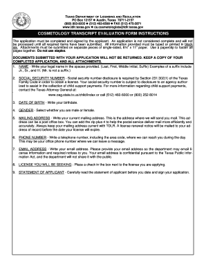 COS018 Cosmetology Transcript Evaluation Form Pub Read Only License State Tx