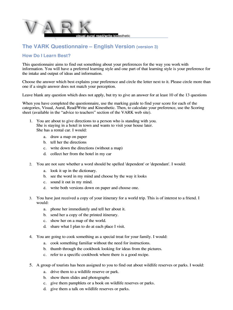 Vark Questionnaire PDF  Form