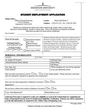  STUDENT EMPLOYMENT APPLICATION Anderson University 2012