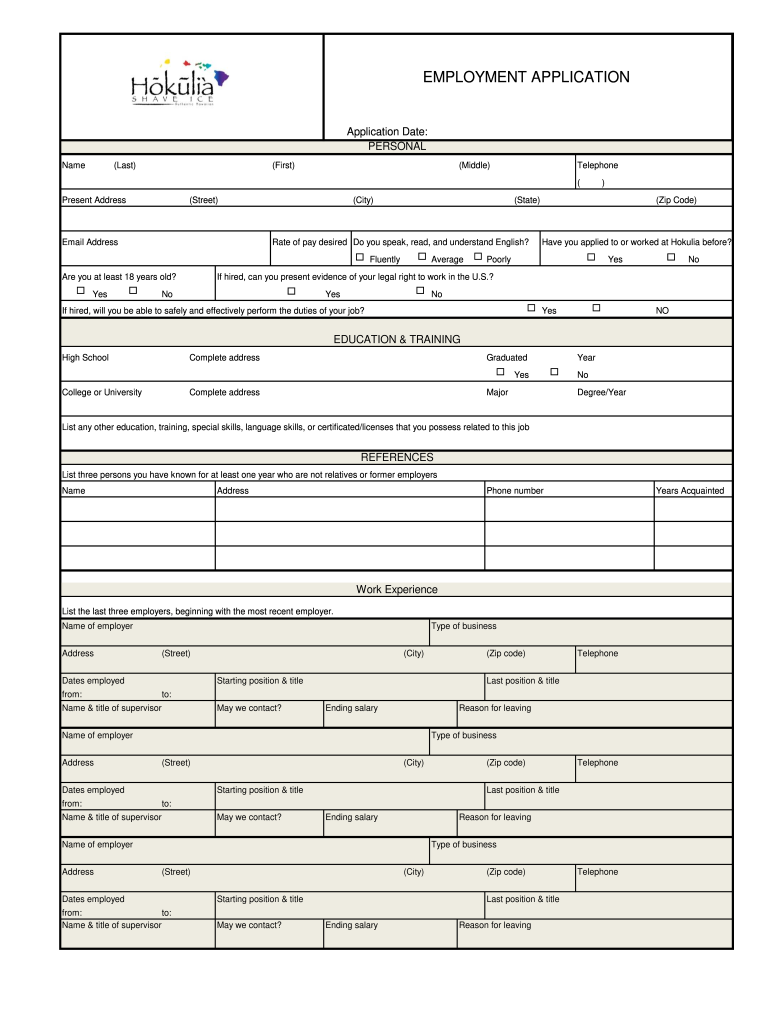 EMPLOYMENT APPLICATION Hokulia Shave Ice  Form