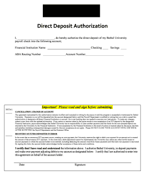 Direct Deposit Authorization Bethel University Bethelu  Form
