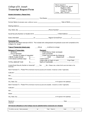 College of St Joseph Transcript Request  Form