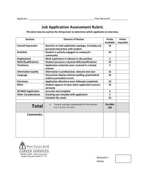 Job Application Rubric  Form