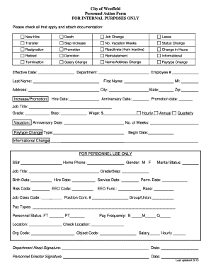 City of Westfield Personnel Action Form for Cityofwestfield