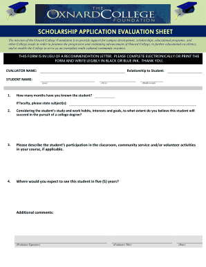 Scholarship Applicant Evaluation Sheet Oxnard College Oxnardcollege  Form