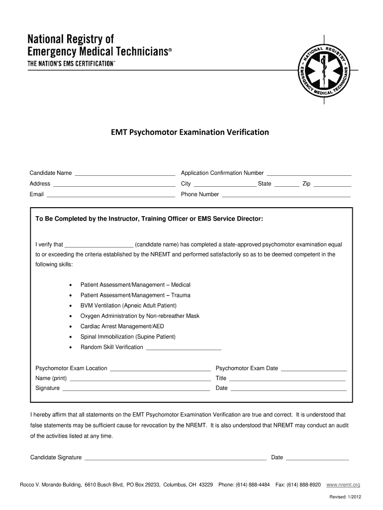  EMR Psychomotor Examination Verification Form  Vdh Virginia 2012-2024