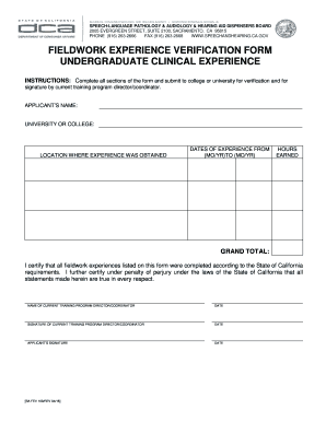 FIELDWORK EXPERIENCE VERIFICATION FORM FIELDWORK EXPERIENCE VERIFICATION FORM