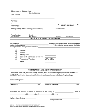 MOTION for ENTRY of JUDGMENT Colorado Judicial Branch Courts State Co  Form