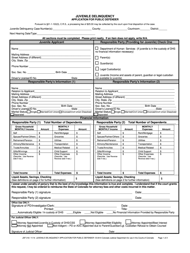 JUVENILE DELINQUENCY APPLICATION for PUBLIC DEFENDER Courts State Co  Form