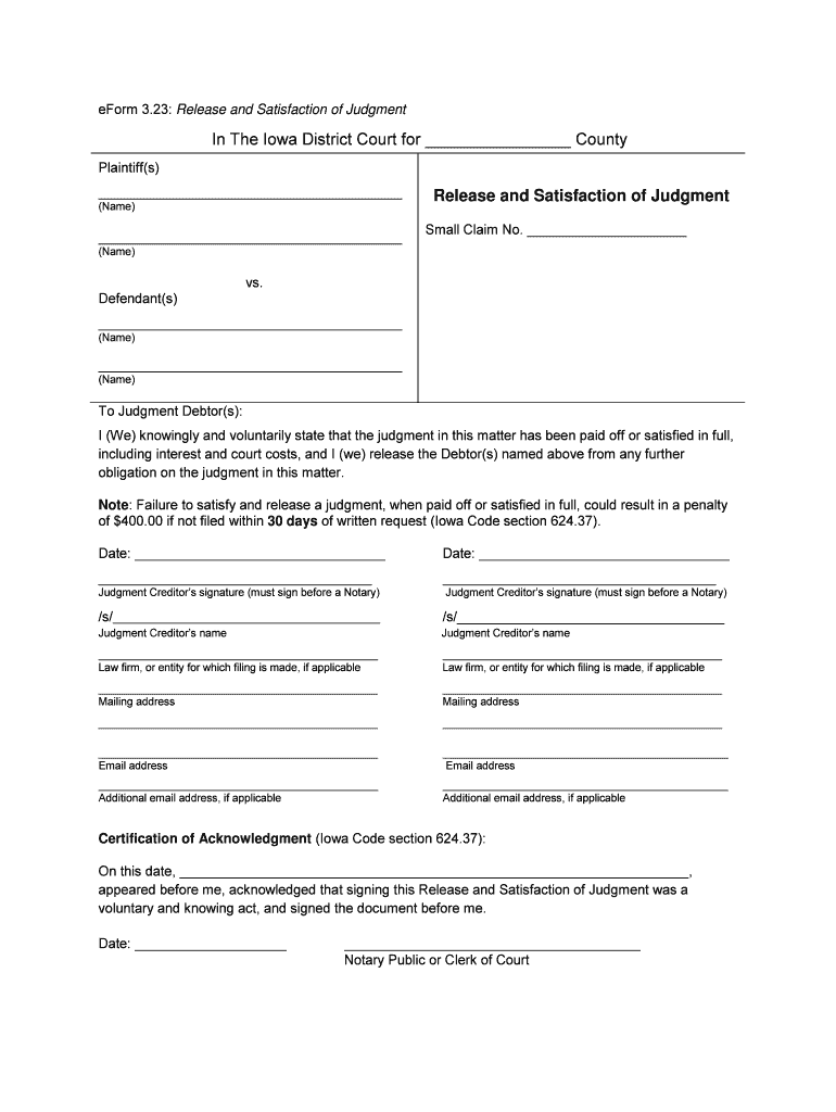 Iowa Satisfaction Judgment  Form