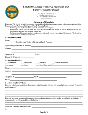 Complaint Form Counselor, Social Worker and Marriage & Family Cswmft Ohio