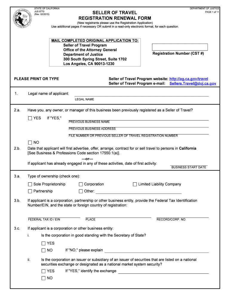  Seller of Travel Registration Renewal Form Attorney General California 2015