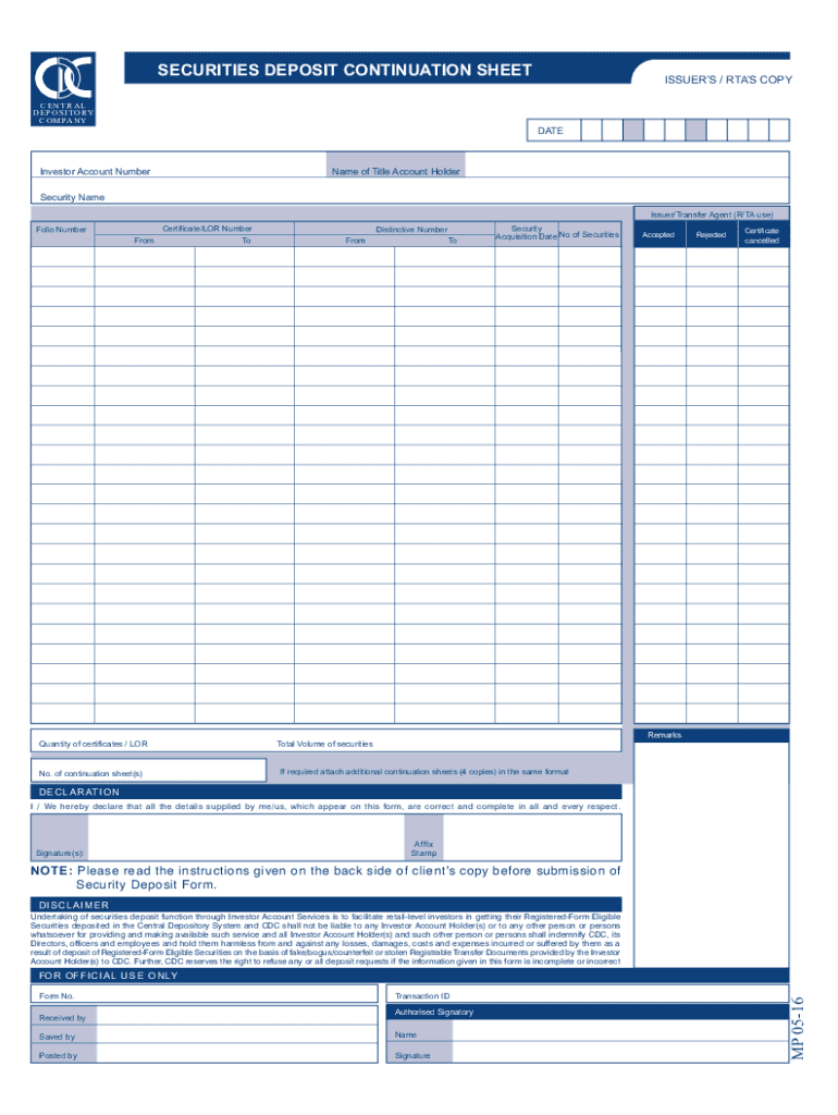 PK CDC Securities Deposit Continuation Sheet  Form