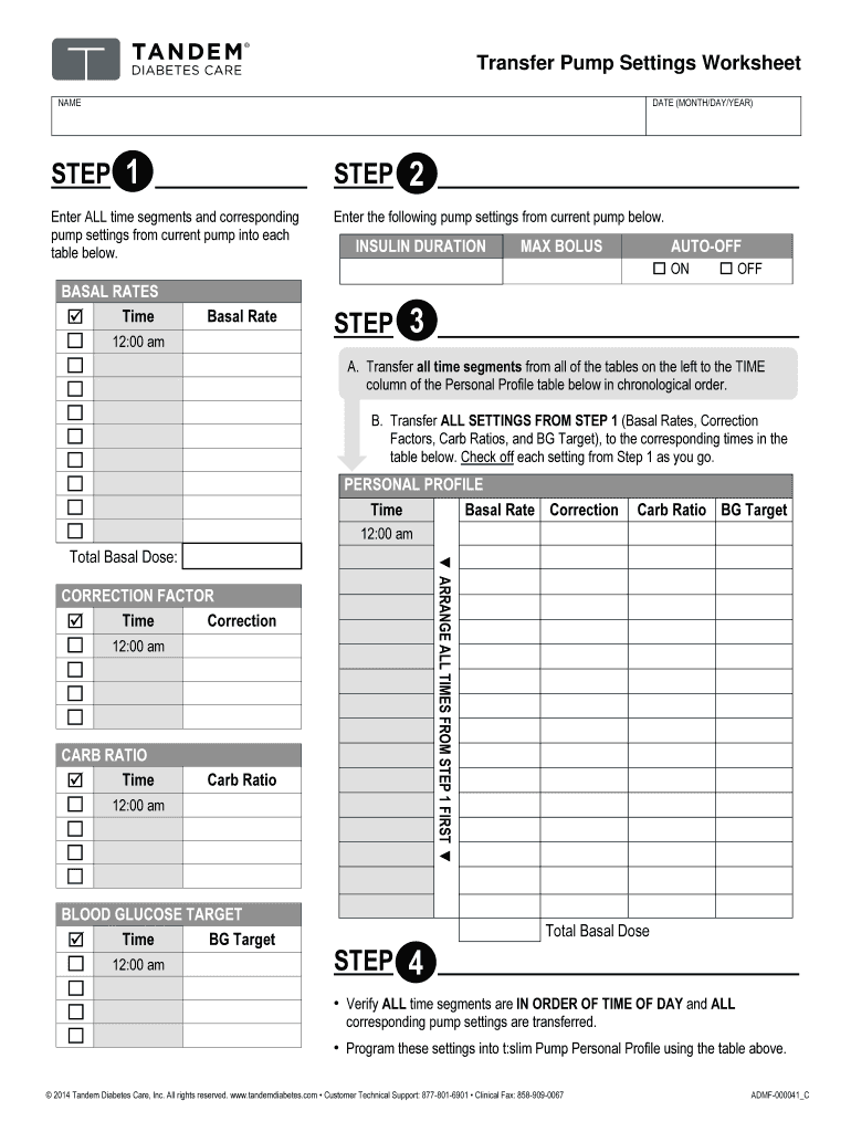 Transfer Pump Settings Worksheet Tandem Diabetes Care  Form