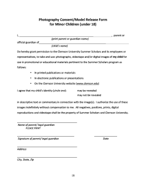 Photography ConsentModel Release Form for Minor Children Clemson