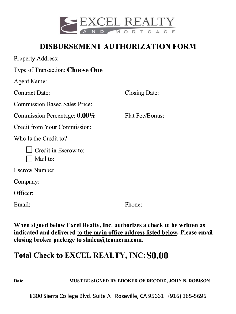 Escrow Disbursement Authorization Form Rev Excel Realty