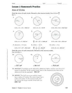 Lesson 2 Extra Practice Area of Circles Answer Key  Form