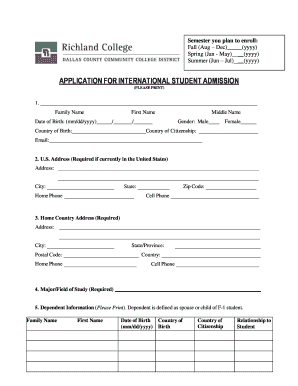 APPLICATION for INTERNATIONAL STUDENT Richland College Richlandcollege  Form