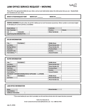 LAW OFFICE SERVICE REQUEST MOVING Hydro One  Form